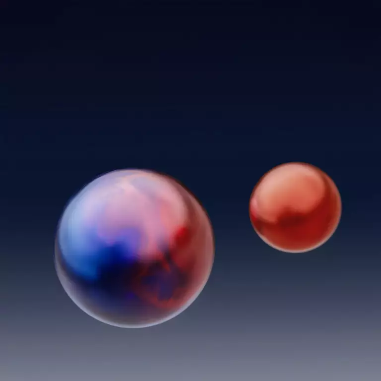 Glänzende orangefarbene und blaue Formen vor einem blauen Farbverlauf